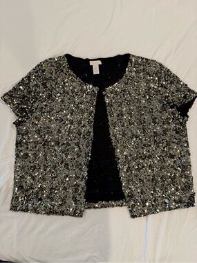 Chico's Silver Sequin Short Sleeve Open Front Jacket